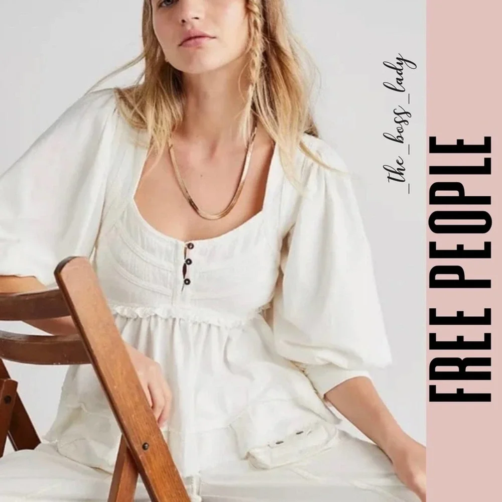 SOLD -C- NEW FREE PEOPLE top XS crop puff sleeves - Picture 3 of 6